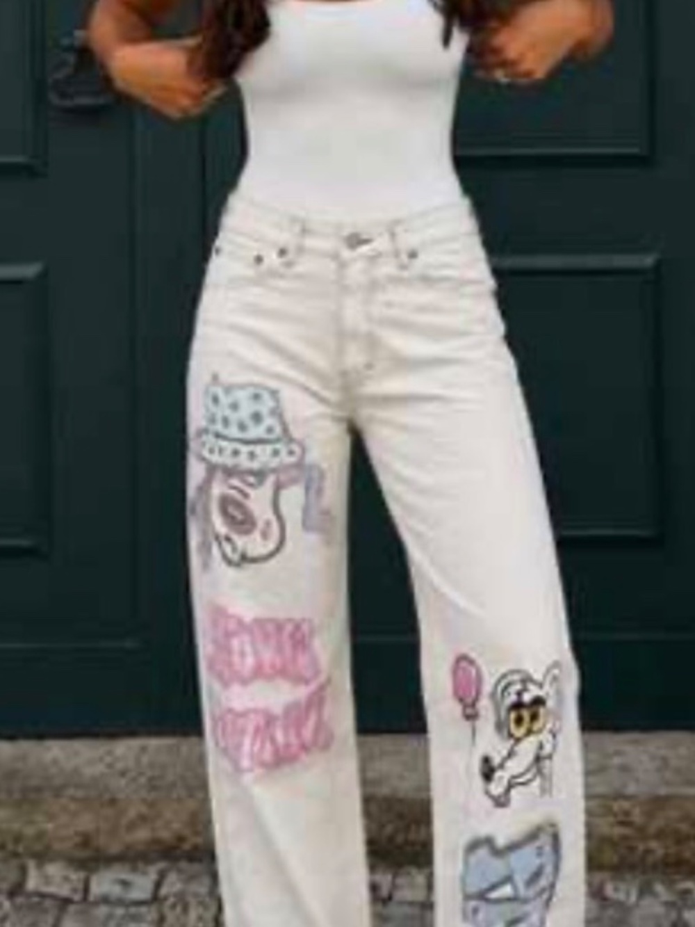 NWT Bershka 90s Wide Graffiti Contrasting Stitch Printed Jeans, Size 34